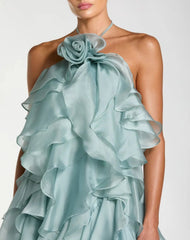 Blue Halter Neck Open Back Trapeze Ruffle Gown