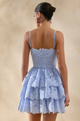 Powder Blue Lace Square-Neck Mini Dress With Ruffled Detailing