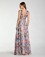 Multicolor Floral Chiffon Gown With Ruffle Slit