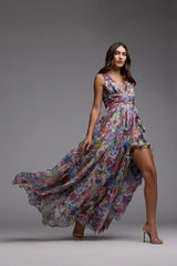 Multicolor Floral Chiffon Gown With Ruffle Slit