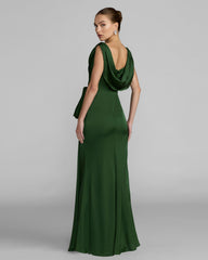 Green Draped Cowl Neck Gown with Side Slit