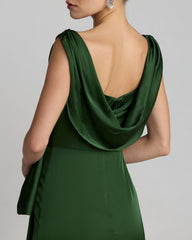 Green Draped Cowl Neck Gown with Side Slit
