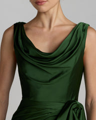 Green Draped Cowl Neck Gown with Side Slit