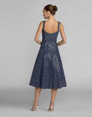 Blue Sleeveless Sequin Denim Midi Dress