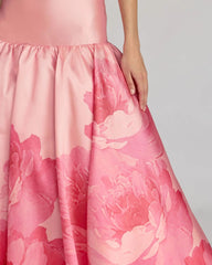 Pink Printed Mikado Strapless Drop Waist Ball Gown