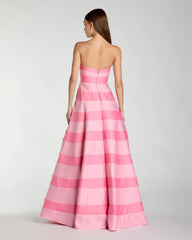 Pink Striped Strapless Satin Ballgown With Pockets