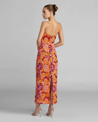 Pink and Orange Strapless Floral Sequin Midi Dress