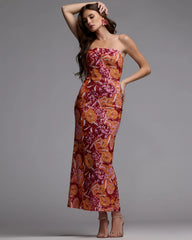Pink and Orange Strapless Floral Sequin Midi Dress