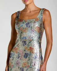 Silver Sleeveless Floral Sequin Column Gown