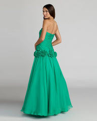 Green Strapless Chiffon Ball Gown With 3D Flowers