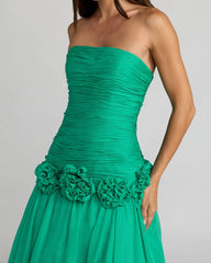 Green Strapless Chiffon Ball Gown With 3D Flowers
