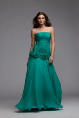 Green Strapless Chiffon Ball Gown With 3D Flowers