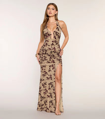 Aliza Floral Velvet Burnout Halter Mermaid Dress