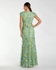 Green Faux Wrap Embroidered Cap Sleeve Gown