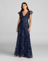 Navy Embroidered Applique Wrap Over Flutter Sleeve Gown