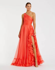Orange One Shoulder High Low Ruffled Chiffon Gown