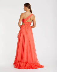 Orange One Shoulder High Low Ruffled Chiffon Gown
