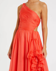 Orange One Shoulder High Low Ruffled Chiffon Gown