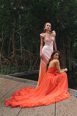 Orange One Shoulder High Low Ruffled Chiffon Gown