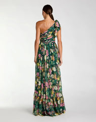 Emerald Green One Shoulder Floral Printed Chiffon Side Cut Out Gown