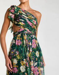 Emerald Green One Shoulder Floral Printed Chiffon Side Cut Out Gown