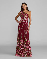 Red One Shoulder Floral Embroidered Gown