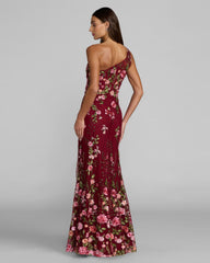 Red One Shoulder Floral Embroidered Gown