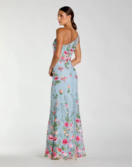 Blue One Shoulder Floral Embroidered Gown