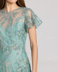 Blue Embroidered Flutter Sleeve Midi Dress