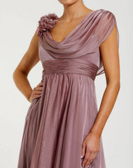 Pink Chiffon Cowl Neck Dress With 3D Flowers