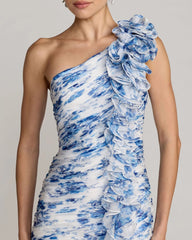 Blue Ruched Floral Chiffon Gown With 3D Ruffles