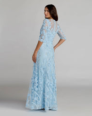 Blue High Neck Embellished Lace Gown with 3/4 Sleeves