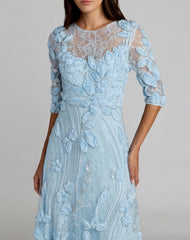 Blue High Neck Embellished Lace Gown with 3/4 Sleeves