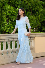 Blue High Neck Embellished Lace Gown with 3/4 Sleeves
