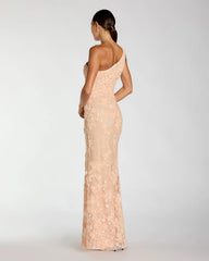Peach One Shoulder Floral Applique Sequin Gown