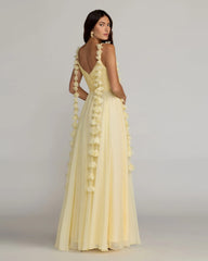 Yellow Chiffon A Line Gown With 3D Flower Straps