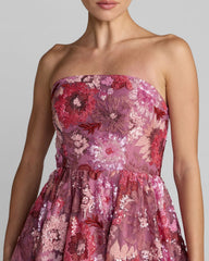 Purple Floral Sequin Strapless Midi Dress