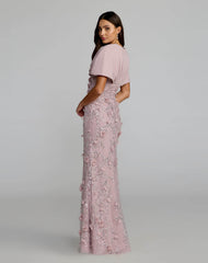 Purple Embellished Draped Cape Sleeve Gown