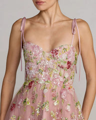 Pink Floral Embellished Tulle Ball Gown
