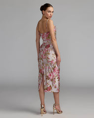 Light Pink Floral Brocade Bow Strap Midi Dress