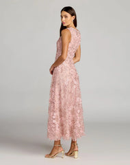 Pink Floral Embroidered High Neck Midi Dress