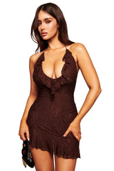 Vira Lace Halter Ruffle Mini Dress - Brown : Chocolate
