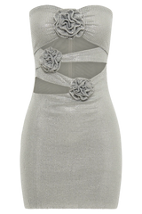 Korinna Strapless Rose Diamante Mini Dress - Silver