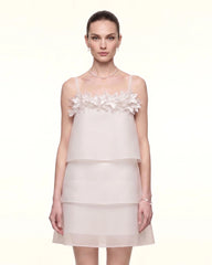3D Floral Appliqué Tiered Mini Dress - Ivory
