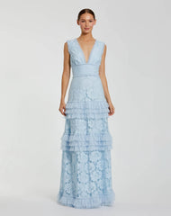 Blue V Neck Lace Tiered Ruffle Gown