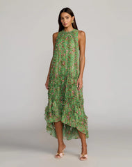 Green Sleeveless Floral Chiffon Micro Ruffle Trapeze Midi Dress