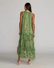 Green Sleeveless Floral Chiffon Micro Ruffle Trapeze Midi Dress