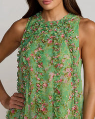 Green Sleeveless Floral Chiffon Micro Ruffle Trapeze Midi Dress
