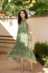Green Sleeveless Floral Chiffon Micro Ruffle Trapeze Midi Dress