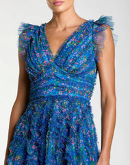 Blue Floral V-Neck Ruffle Maxi Dress